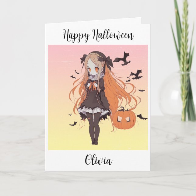 Cartão Menina de animação de Halloween personalizada (Frente)