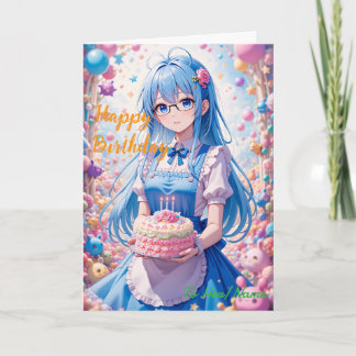 Cartão Menina de Anime e Celebração de Bolo Kawaii