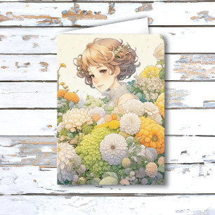 Cartão Menina de Anime em Flores Amarelas Aniversário Per