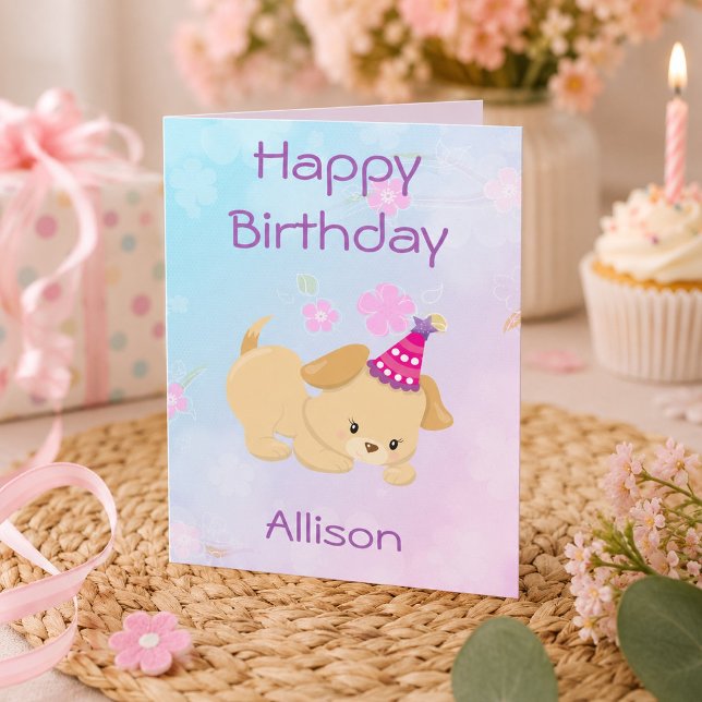 Cartão Menina de Aniversário Cachorrinho Bonito (Criador carregado)