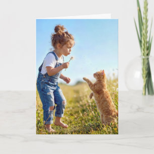 Cartão Menina de Aniversário com Gato em Dente-de-Leão