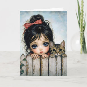 Cartão Menina de Aniversário com Olhos Grandes e Gato de