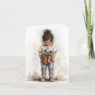 Cartão Menina de Aniversário com Pensamentos em Vaso de F