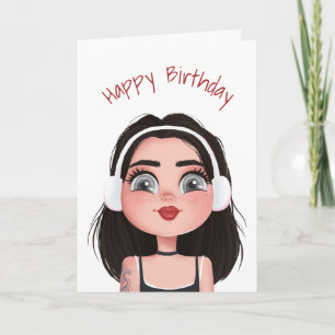 Cartão Menina de Aniversário de Desenho Animado Com Fones