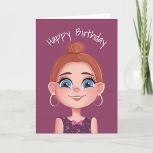 Cartão Menina de Aniversário de Desenho Animado Com Olhos