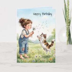 Cartão Menina de Aniversário Sopra Sementes de Dente-de-L