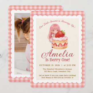 Cartão Menina de Aquarela Doce Morango 1º Aniversário Fot