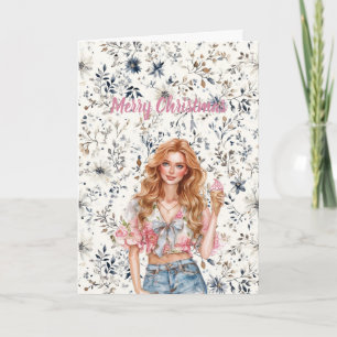 Cartão Menina de Cabelo Vermelho Floral Azul Natal