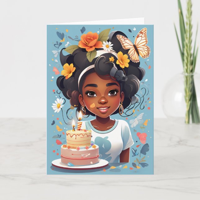 Cartão Menina de desenho animado com bolo de aniversário (Frente)