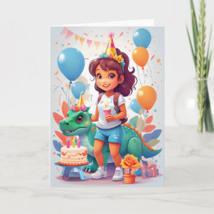 Cartão Menina de desenho animado com bolo de aniversário 