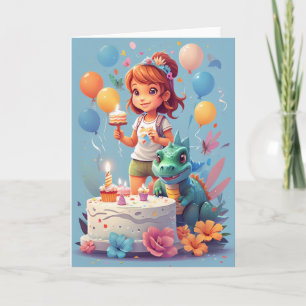 Cartão Menina de desenho animado com bolo de aniversário 