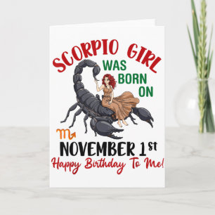 Cartão Menina de Escorpião Nasceu em 1 de Novembro Feliz