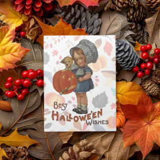 Cartão Menina de Halloween Antiga com Abóbora