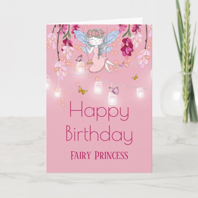 Cartão Menina de jardim de fadas balanço luminária de vid (Frente)