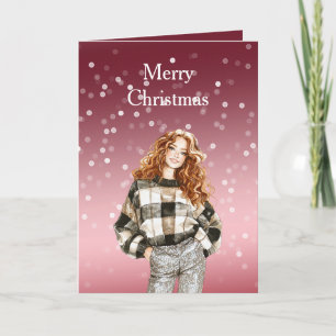 Cartão Menina de Natal Pontos Bokeh Vermelho Branco