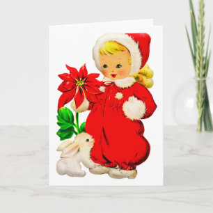 Cartão Menina de Natal Vintage Com Coelho