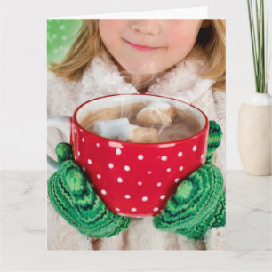 Cartão Menina de Natal xícara de chocolate quente Saudaçã