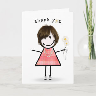 Cartão Menina de Palitinho Agradecida com Margaridas