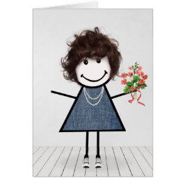 Cartão Menina de palito de aniversário com buquê de flore