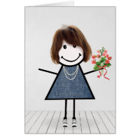 Menina de palito de aniversário com buquê de flore
