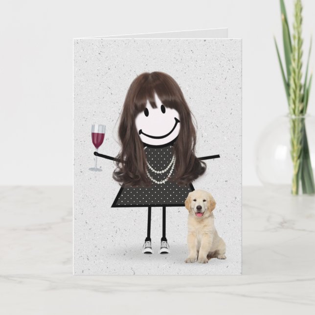 Cartão Menina de palito de aniversário com cachorro (Frente)
