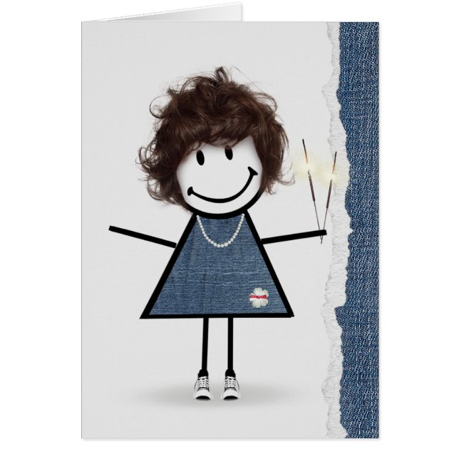 Cartão Menina de palito de aniversário com faíscas (Frente)