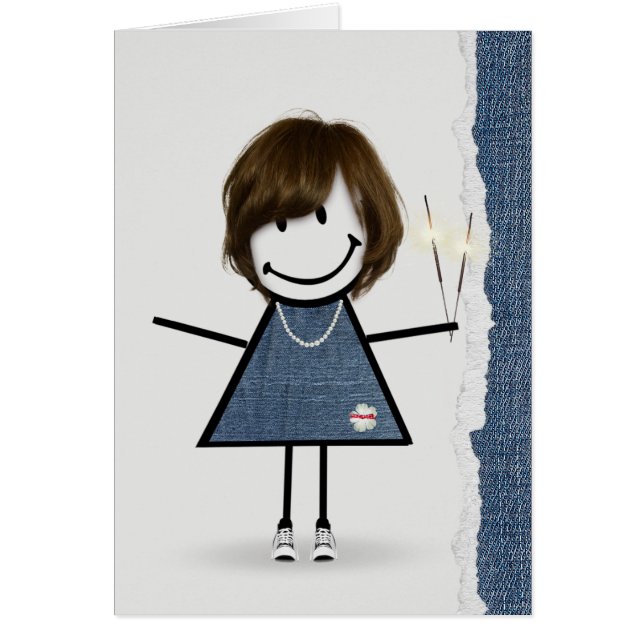 Cartão Menina de palito de aniversário com faíscas (Frente)