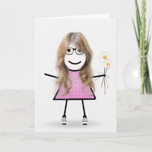 Cartão Menina de palito de aniversário com gingham e marg
