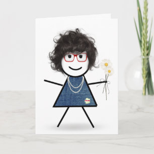 Cartão Menina de palito de aniversário com margaridas