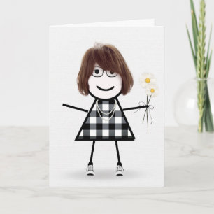 Cartão Menina de palito de aniversário com margaridas