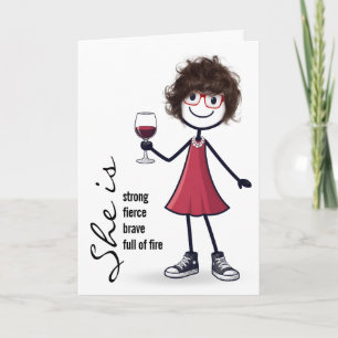 Cartão Menina de palito de aniversário com taça de vinho