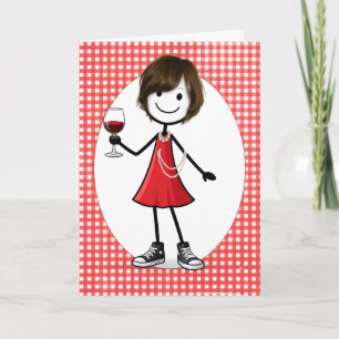 Cartão Menina de palito de aniversário com taça de vinho