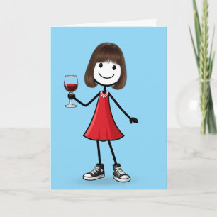 Cartão Menina de palito de aniversário com taça de vinho