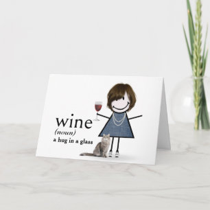 Cartão Menina de palito de aniversário com vinho e gato