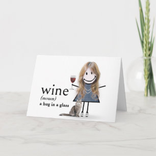 Cartão Menina de palito de aniversário com vinho e gato