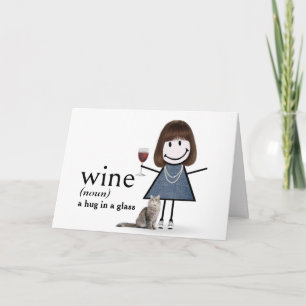 Cartão Menina de palito de aniversário com vinho e gato