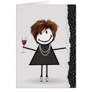 Cartão Menina de palito de aniversário com vinho e tênis