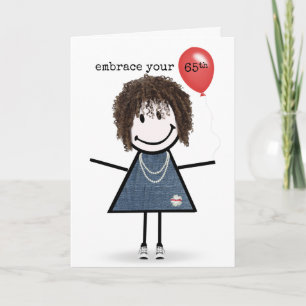 Cartão Menina de palito de aniversário de 65 anos com bal