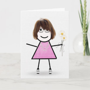 Cartão Menina de palito de aniversário de xadrez com marg