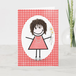 Cartão Menina de palito de aniversário em vermelho