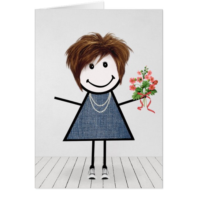Cartão Menina de Pau com Buquê de Flores de Aniversário (Frente)
