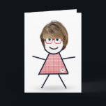 Cartão Menina de Pau com Cabelo para Irmã no Aniversário<br><div class="desc">Adorável menina de pau com cabelo,  óculos vermelhos e vestido xadrez em um fundo branco para o aniversário da irmã.
A cor do fundo pode ser alterada.</div>