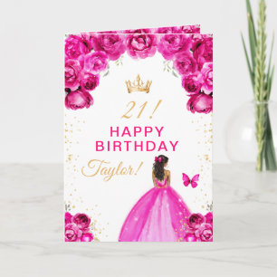 Cartão Menina de Pele Morena com Floral Rosa Feliz Aniver