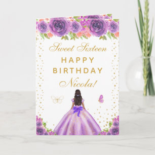 Cartão Menina de Pele Morena com Floral Roxo Doce Dezesse