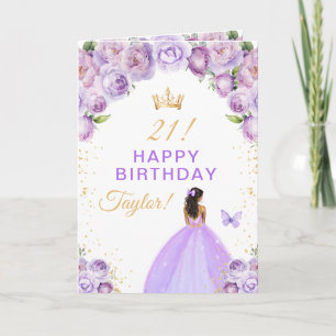 Cartão Menina de Pele Morena com Floral Roxo Feliz Aniver
