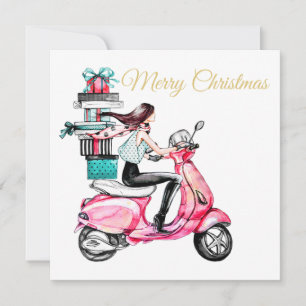 Cartão Menina de Scooter carregando Presentes Natal