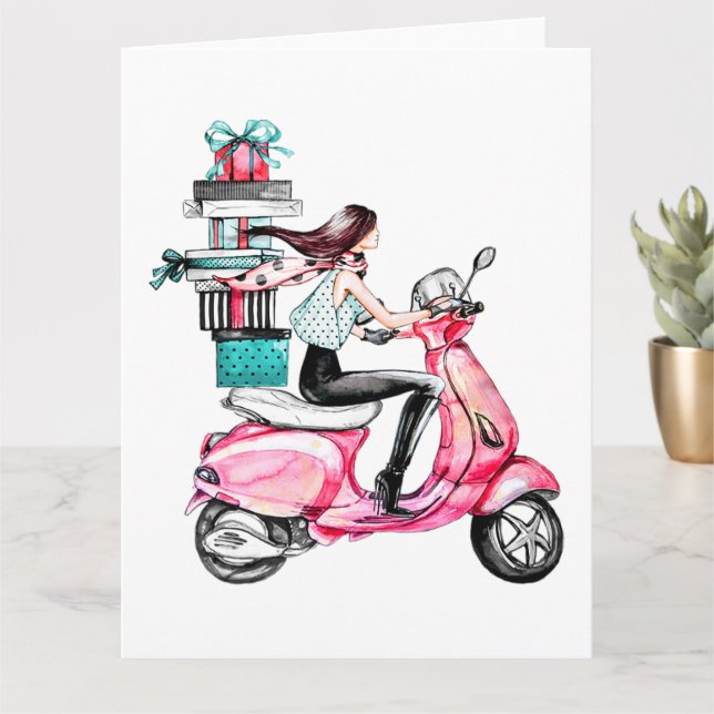 Cartão Menina de Scooter com Presentes de Natal    (Planta pequena)