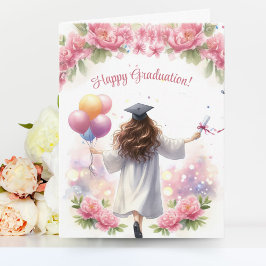 Cartão Menina de vestido branco de formatura com balões
