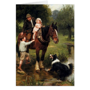 Cartão menina do menino do cavalo do cão do collie das