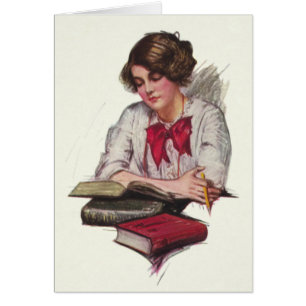 Cartão Menina do tempo do estudo com livros